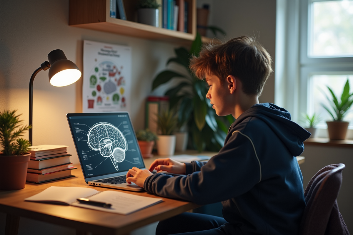 Adolescent étudiant devant un ordinateur avec un diagramme du cerveau