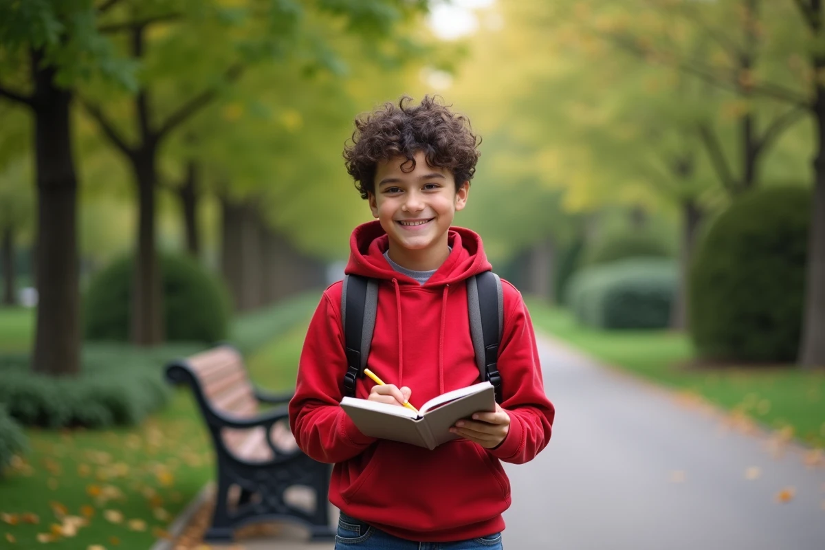 Adolescent souriant avec carnet dans un parc urbain