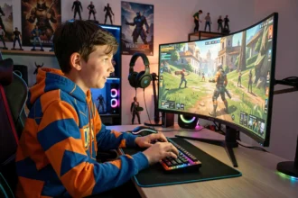 Adolescent gamer concentré sur la sélection de skins Fortnite devant son setup gaming avec écran RGB