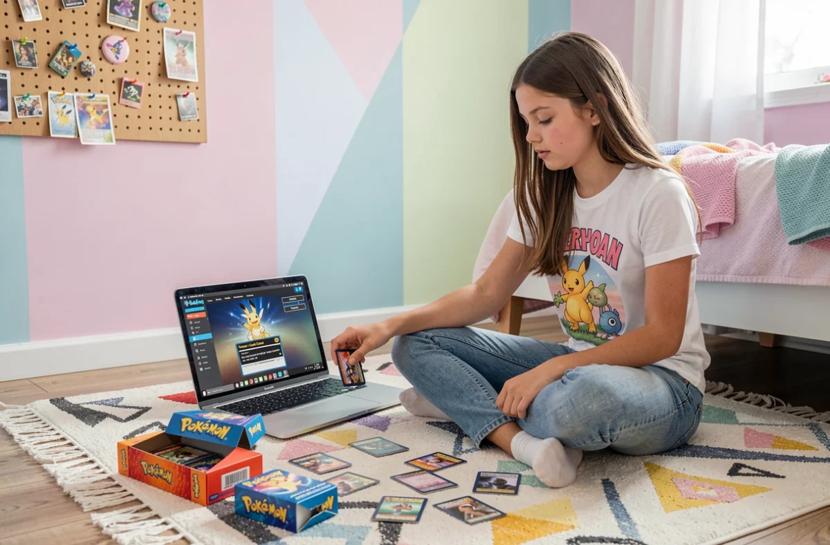 Adolescente saisissant un code de carte Pokémon sur un ordinateur portable entourée de boosters ouverts sur le sol de sa chambre