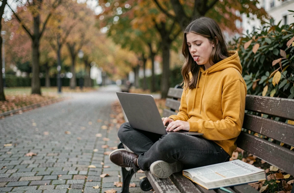 Adolescente travaillant sur des rimes en français avec un ordinateur portable et un dictionnaire de rimes posé sur un banc de parc en automne