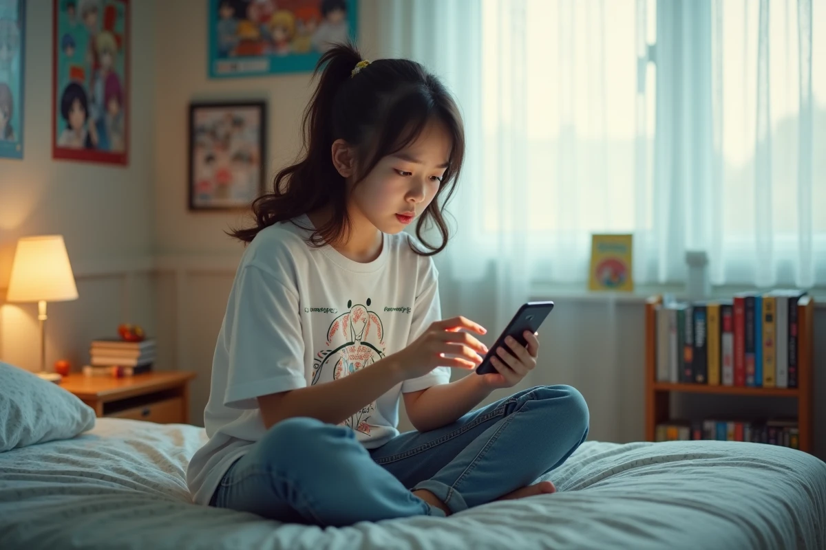 Adolescente perplexe sur son smartphone face à des pop-ups et faux liens pour lire le scan One Punch Man chapitre 290