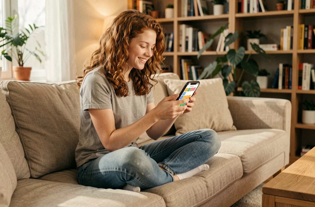 Adolescente souriante cherchant une solution 4 Images 1 Mot sur son téléphone dans un salon
