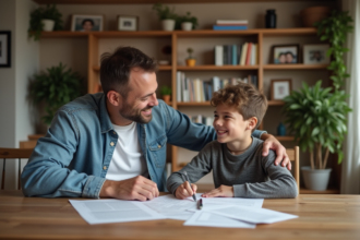 Homme et adolescent souriant lors de l'adoption à la maison