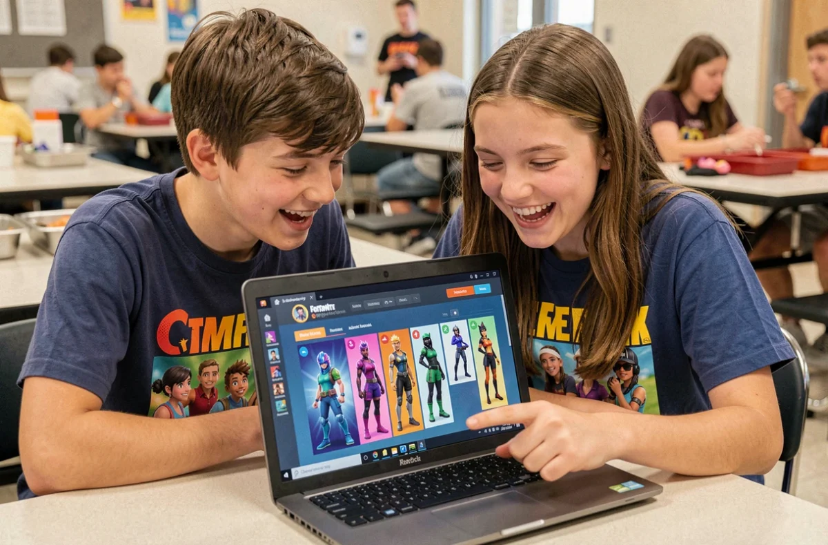Deux amis adolescents découvrant les skins Fortnite ensemble sur un ordinateur portable à la cafétéria