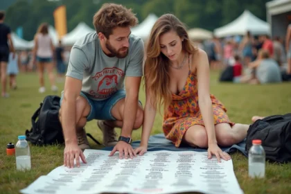 Deux amis regardant le programme du festival Vieilles Charrues