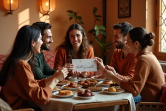 Groupe d'amis riant ensemble autour d'une table de ramadan avec une carte humoristique et des pâtisseries traditionnelles