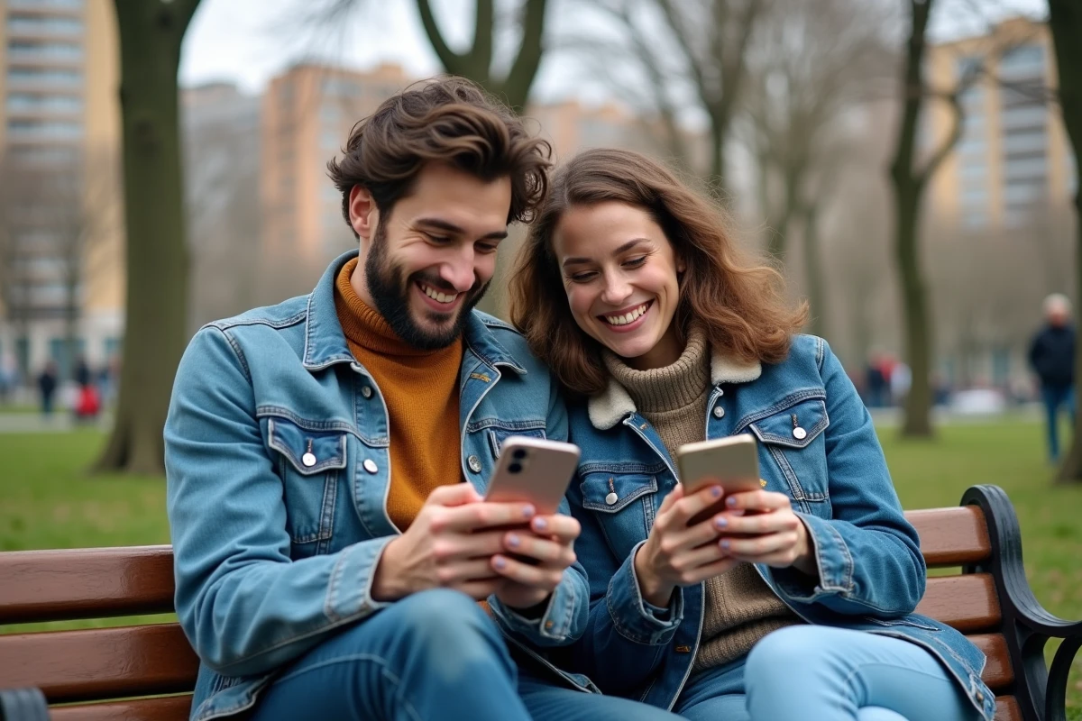 Deux amis souriants utilisant leurs smartphones dans un parc urbain