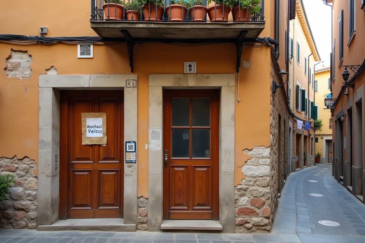 Façade d'immeuble en pierre dans une ruelle italienne avec une annonce de location manuscrite collée sur une porte en bois