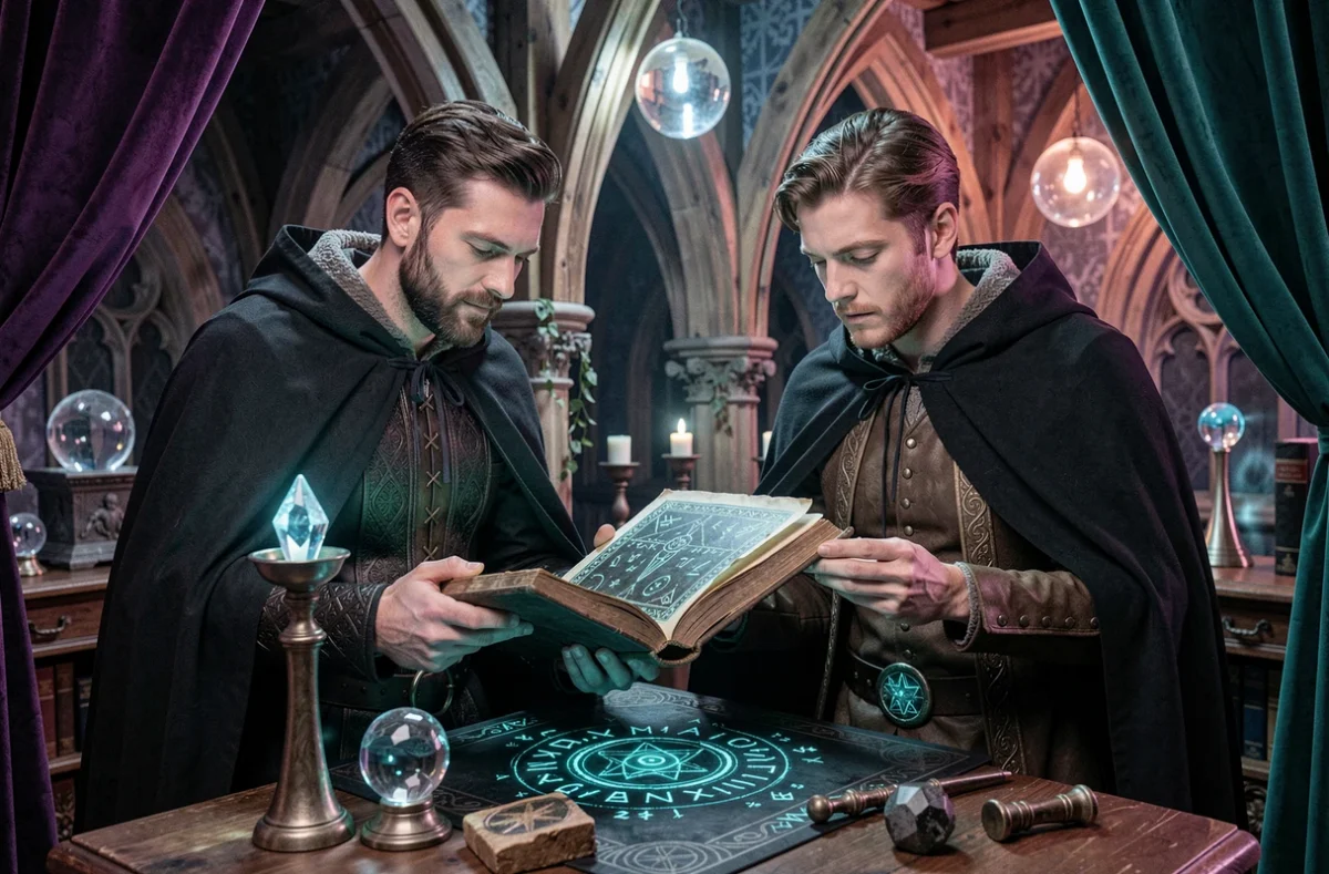 Deux joueurs en costumes fantastiques résolvant des énigmes mystiques dans l'escape room Arcane Game à Nancy