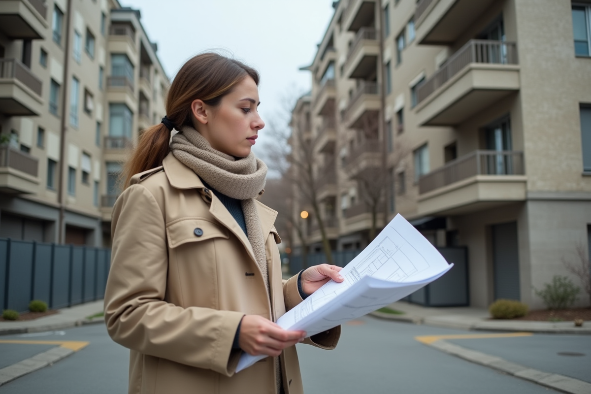 Jeune architecte examinant des plans devant un immeuble avec structures non autorisées