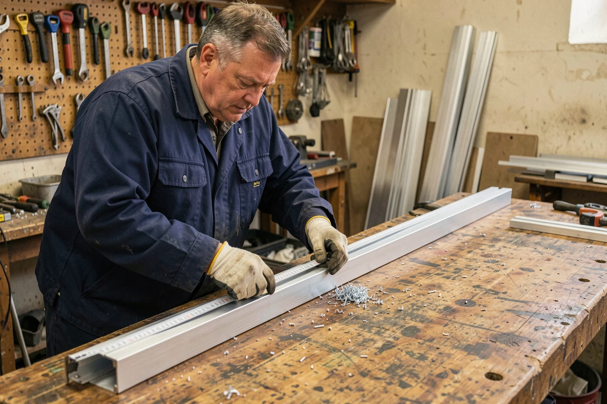 Artisan mesurant un barreau en aluminium sur un établi de menuiserie métallique dans un atelier de fabrication