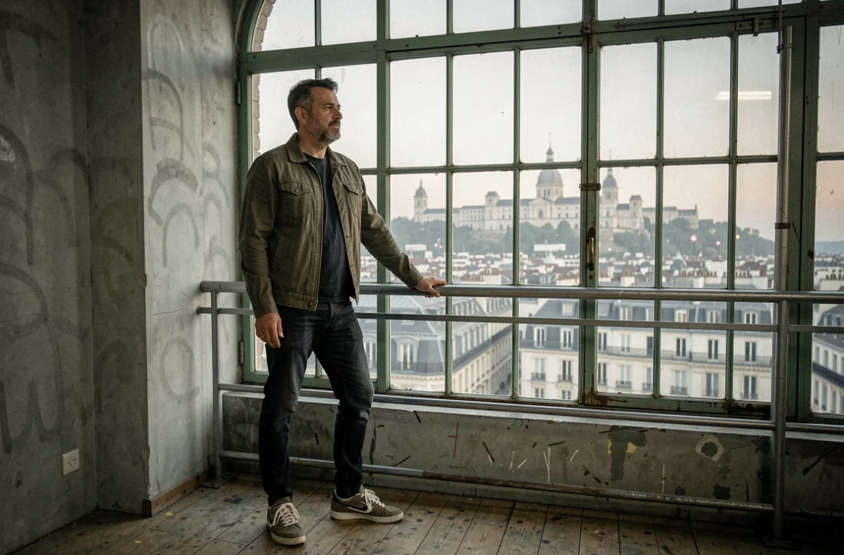 Artiste international en coulisses à Lyon, regardant le panorama de la ville avant son concert en 2026