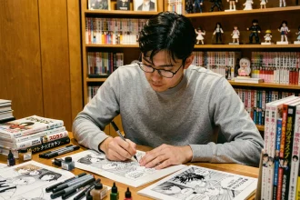 Artiste manga dessinant des personnages de style Hunter x Hunter dans un studio japonais authentique