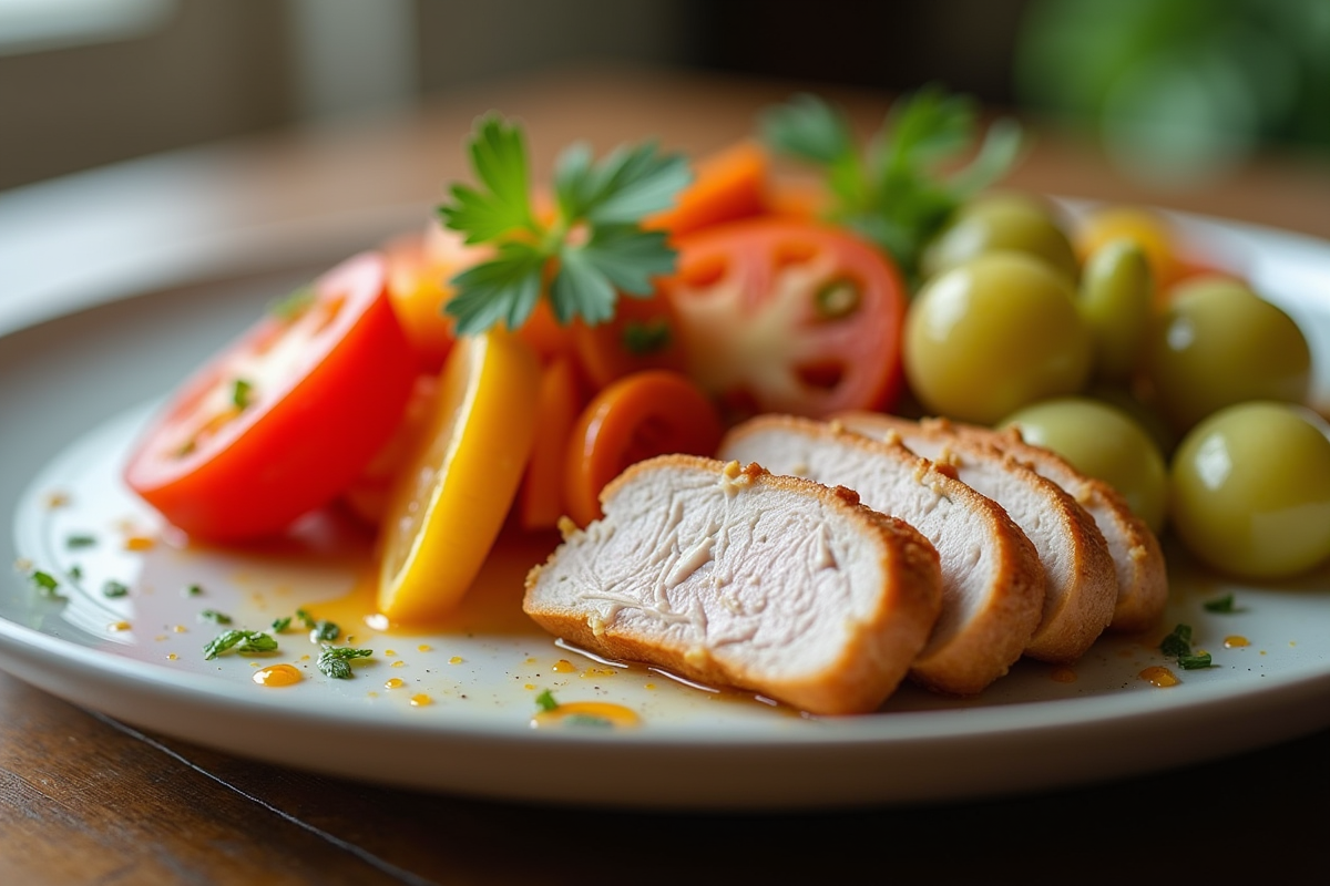 Assiette colorée avec légumes et tranches de chapon