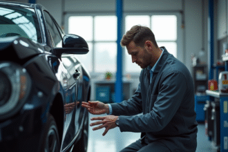 Vérification d'une voiture avec porte endommagée dans un atelier lumineux