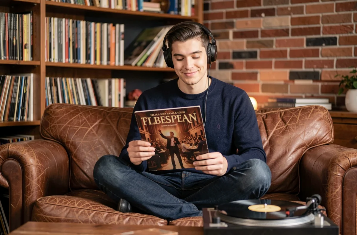 Jeune homme écoutant de la musique orchestrale sur vinyle dans un appartement chaleureux, illustrant l'impact émotionnel des œuvres de Hans Zimmer et John Williams