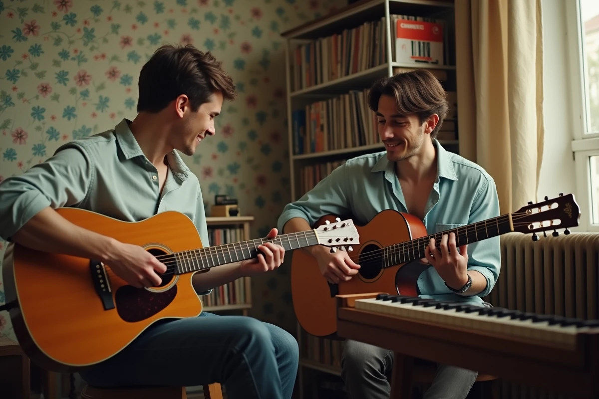 Deux auteurs-compositeurs français des années 60 en session d'écriture de chanson dans un appartement parisien vintage