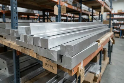 Barreaux en aluminium brut empilés sur une étagère de quincaillerie, montrant le profil extrudé et la texture métallique brossée