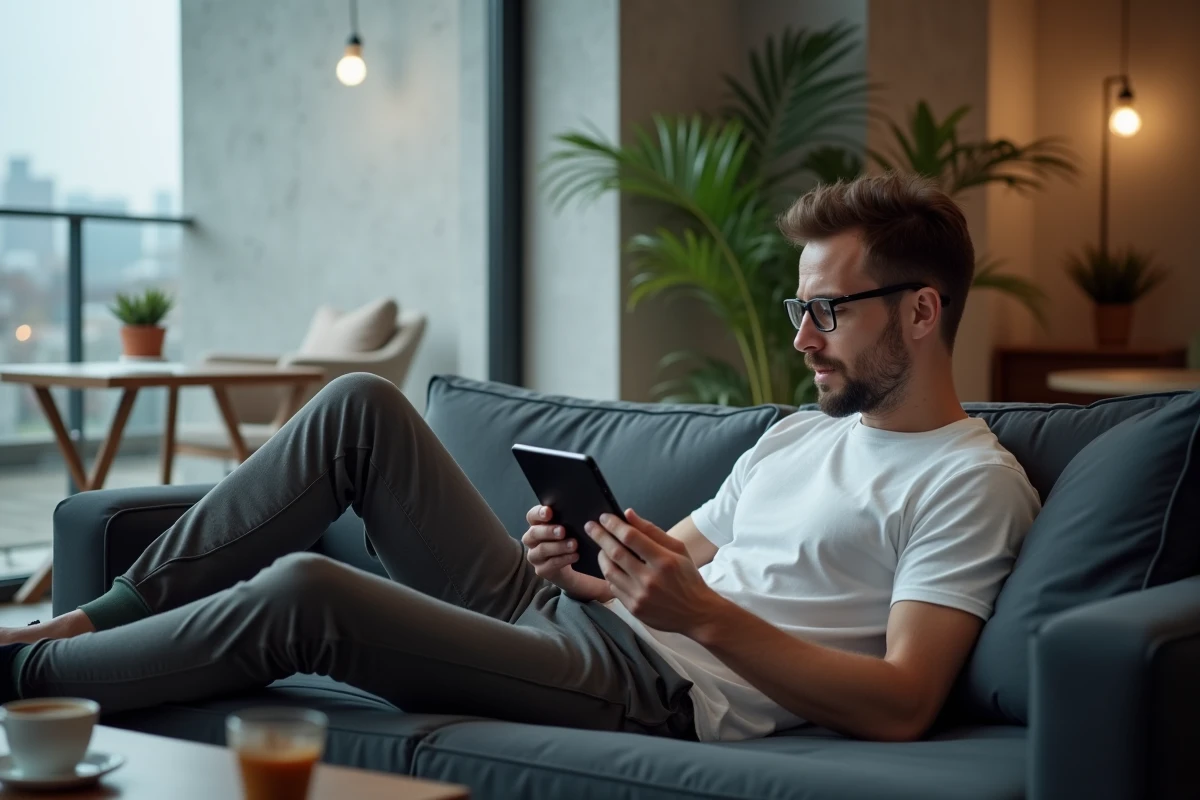 Homme adulte lisant une bande dessinée numérique sur tablette allongé dans un salon moderne avec vue urbaine