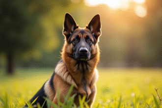 Chien berger allemand malinois assis attentivement dans un parc ensoleille