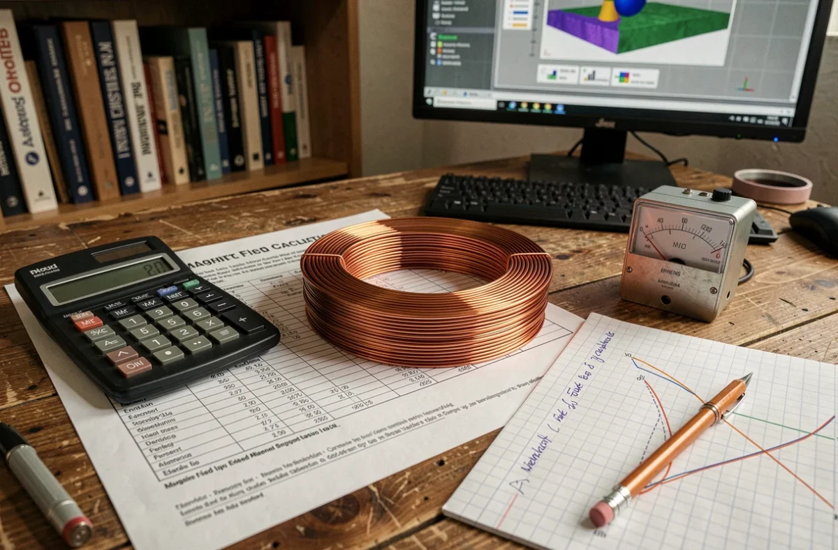 Vue rapprochée d'un bureau de laboratoire avec une bobine toroïdale en cuivre, une calculatrice scientifique et des fiches de calcul de champ magnétique pour courant continu