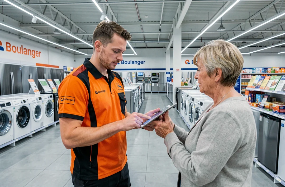 Technicien Boulanger Beaucouzé conseillant une cliente dans le rayon électroménager du magasin