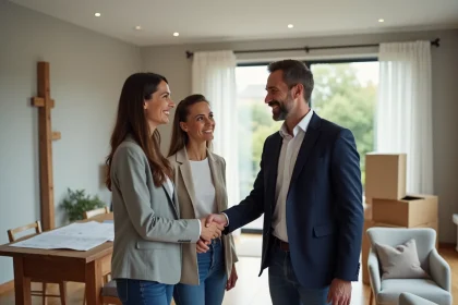 Agent immobilier souriant avec un couple dans une maison rénovée