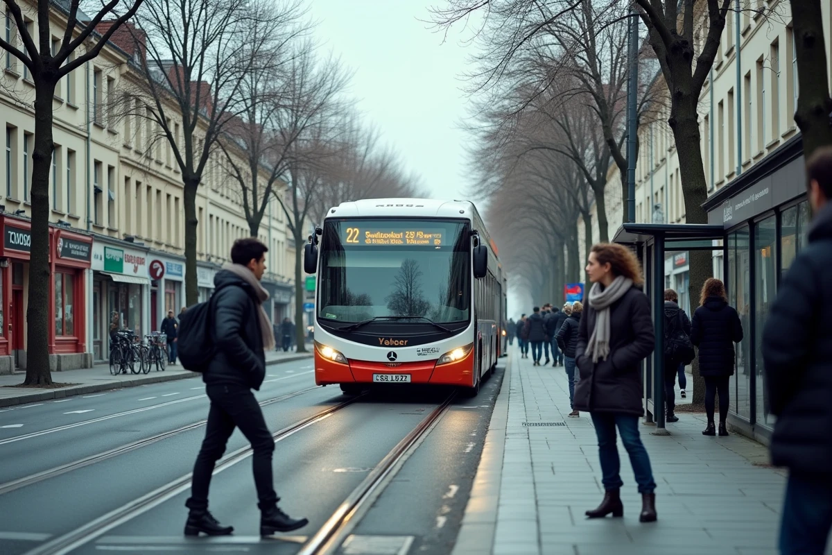 Bus de la ligne 92 arrivant à un arrêt parisien avec des passagers qui attendent