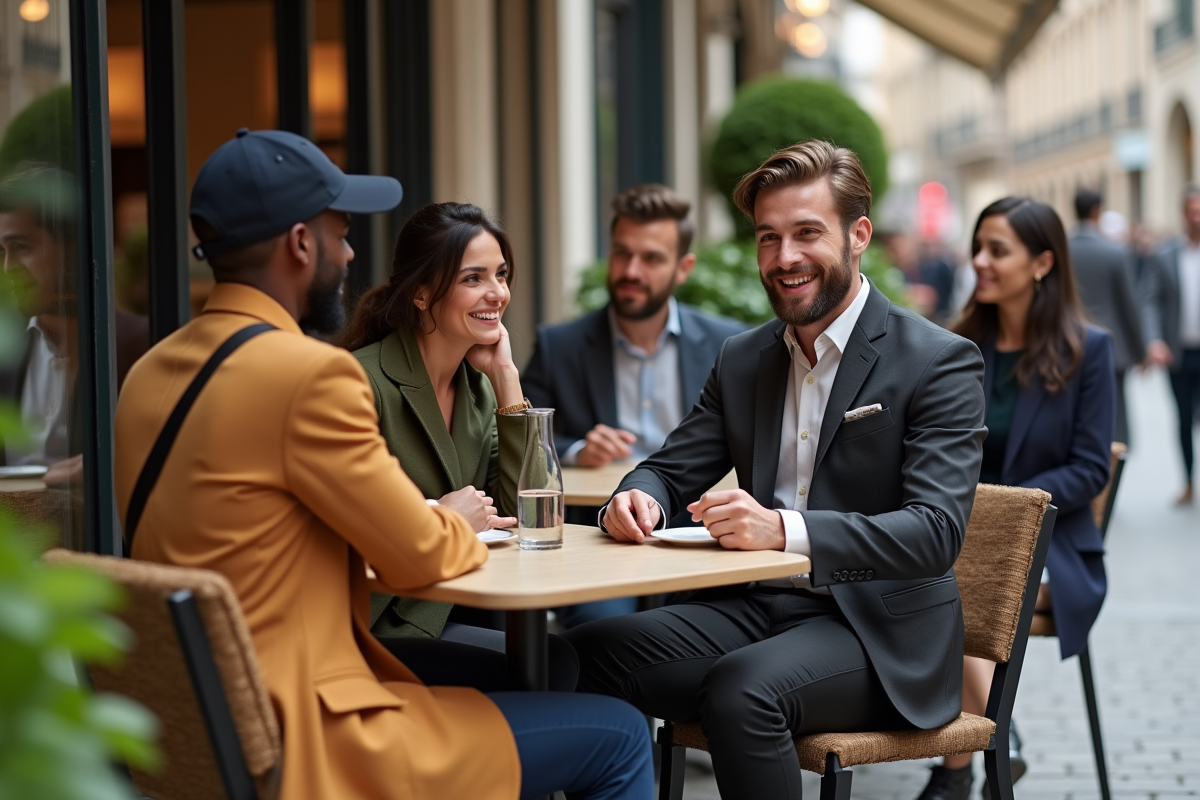 Groupe de jeunes au café à Milan en style moderne