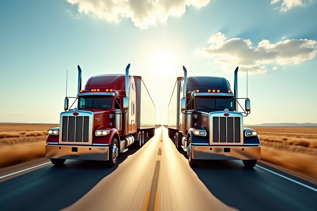 Deux camions américains longs parcours sur une route en plaine