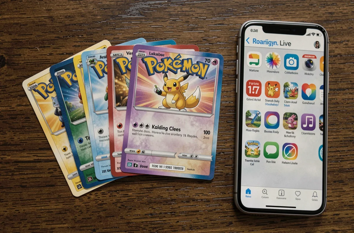 Gros plan sur des cartes Pokémon étalées avec un code visible et un smartphone affichant l'application Pokémon TCG Live