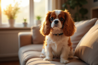 Cavalier King Charles Spaniel assis sur un canapé lumineux