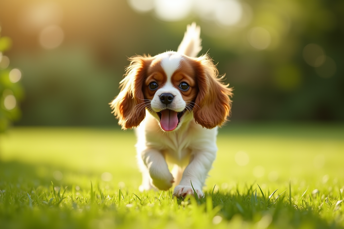 Cavalier King Charles Spaniel jouant dans un jardin ensoleille