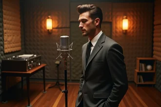 Chanteur français des années 60 enregistrant en studio devant un microphone vintage à ruban