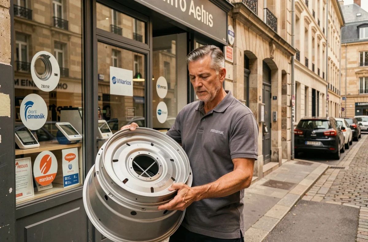 Technicien de Charrier Électroménager portant une pièce de rechange devant la boutique d'électroménager indépendante