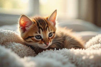 Petit chaton au repos sur une couverture douce en intérieur