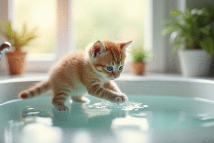 Petit chaton hésitant touchant l'eau dans la salle de bain