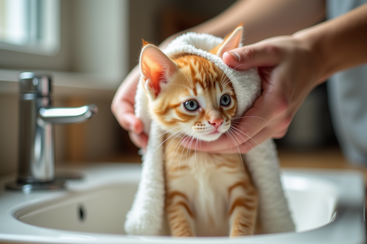 Chaton tigré orange séché par une main près du lavabo