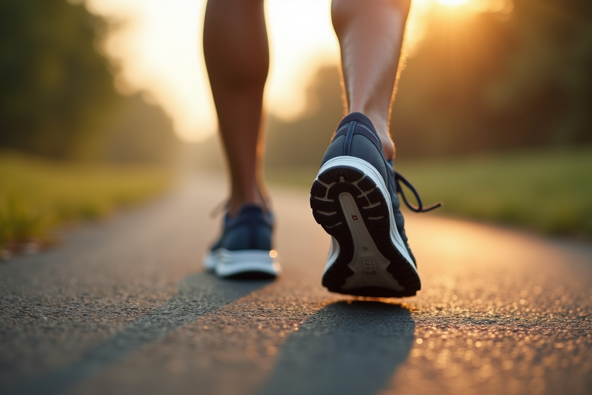 Détail de chaussures de course sur un chemin pavé au matin