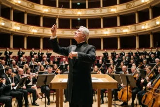 Chef d'orchestre dirigeant un grand orchestre symphonique dans une salle de concert dorée, évoquant les compositions épiques de Hans Zimmer et John Williams