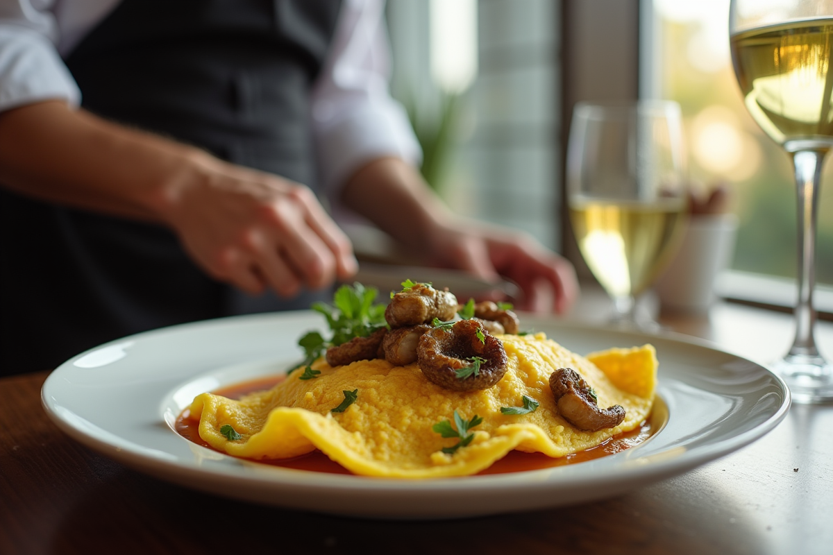 Chef dressant une omelette aux girolles avec vin blanc à côté