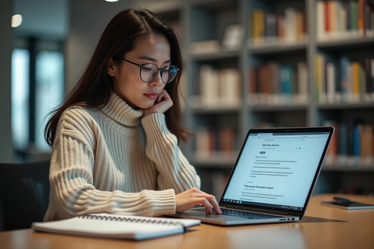 Chercheuse universitaire consultant une plateforme de partenariat sciences-société sur ordinateur portable en bibliothèque