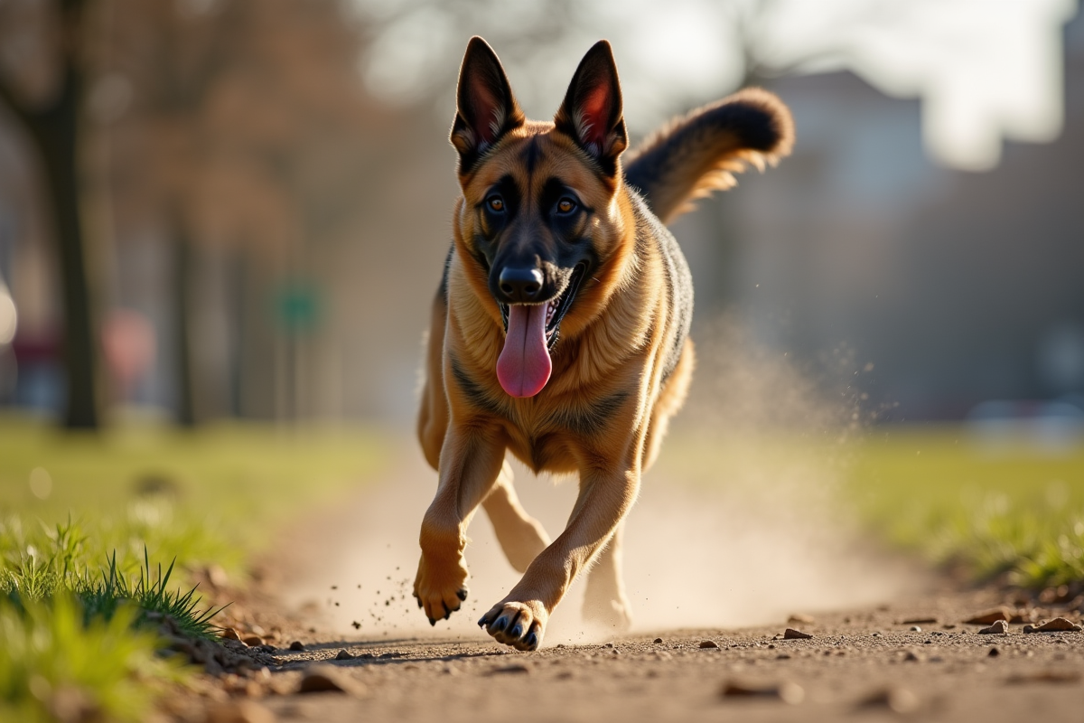 Chien berger malinois jouant en plein air avec énergie en milieu urbain