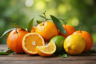 Groupe de fruits citrus frais sur table en bois