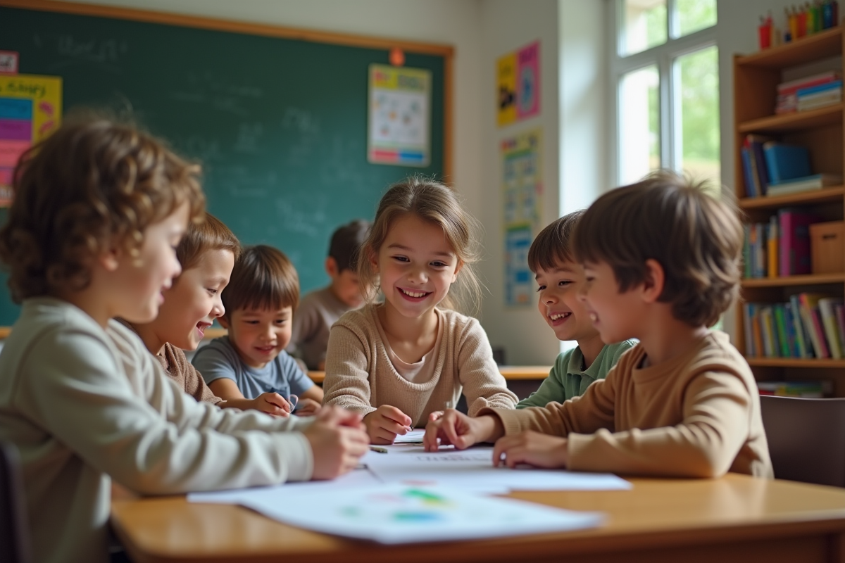 Enfants et professeur dans une classe chaleureuse