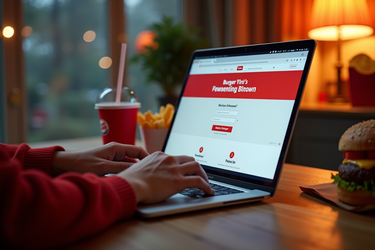Mains utilisant un ordinateur portable avec un burger et frites à côté