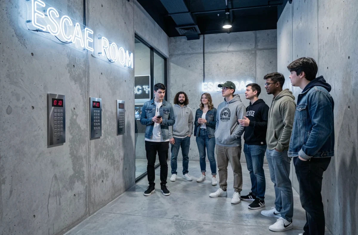 Groupe de jeunes adultes explorant les salles modernes du Closed Escape Game récemment ouvert à Nancy