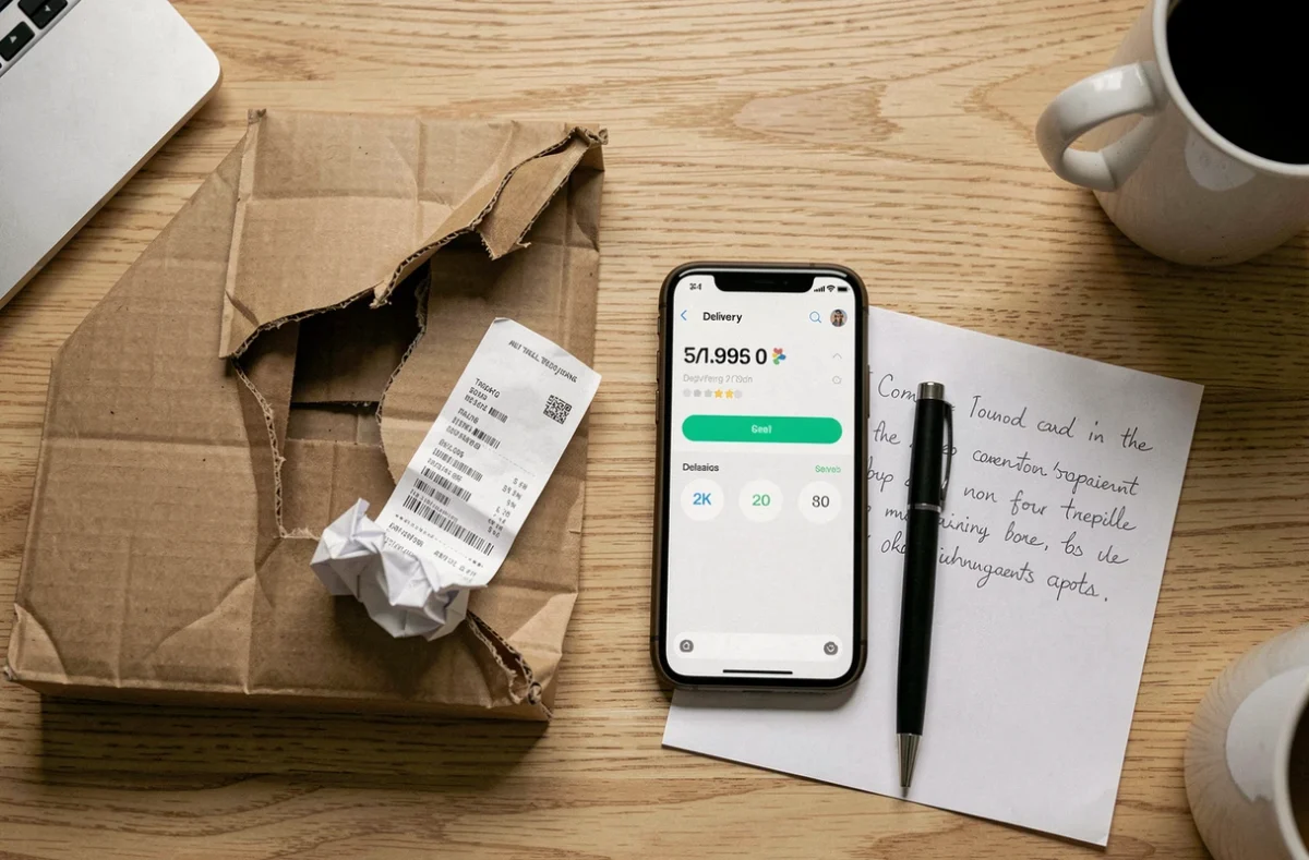 Colis de retour endommagé avec reçu de suivi et notification de retard sur smartphone posés sur un bureau