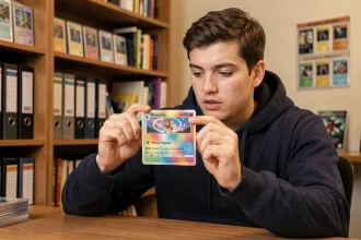 Jeune collectionneur tenant une carte Pokémon holographique rare devant un bureau en bois avec des classeurs de cartes en arrière-plan